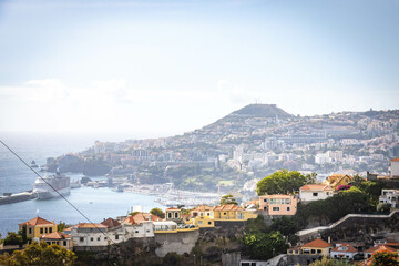 panoramic view over funchal and monte from cable car, aerial view, madeira, portugal, sea, mountains