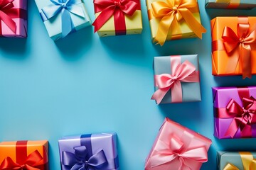colorful gift boxes neatly aligned against a bright blue gradient background