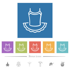 Ballet dress outline flat white icons in square backgrounds