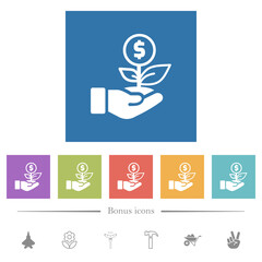 Dollar investment flat white icons in square backgrounds