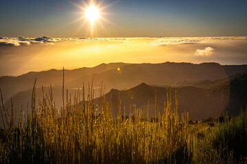 sunrise at pico do arieiro, madeira, trekking, outdoor, view, portugal, mountain, starburst