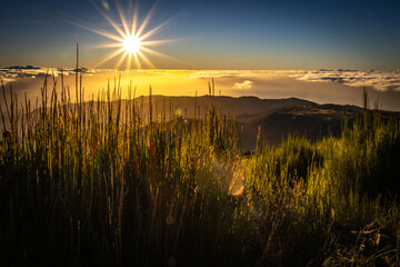 sunrise at pico do arieiro, madeira, trekking, outdoor, view, portugal, mountain, starburst