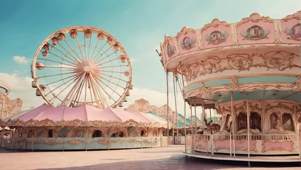 Deurstickers Vintage pastel carousel and ferris wheel in the background © ponpary