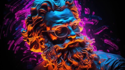 Greek philosophical figures immortalized in statues, enhanced by the glow of neon lights, creating a captivating fusion of the past and present. - obrazy, fototapety, plakaty