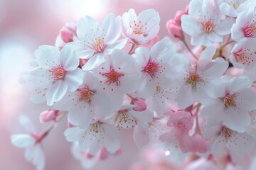 Delicate cherry blossoms in soft pinks and whites, dancing in a dreamlike spring breeze.