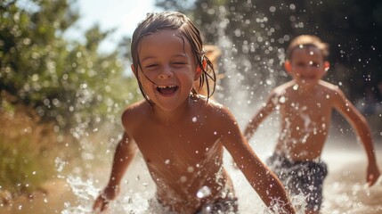 Obraz premium Children running through sprinklers, their faces lit up with joy on a sunny day.