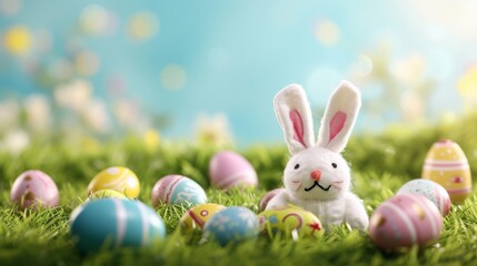 Whimsical Easter Wonderland: A Plush Bunny Toy Amidst a Meadow of Decorative Eggs and Lush Greenery