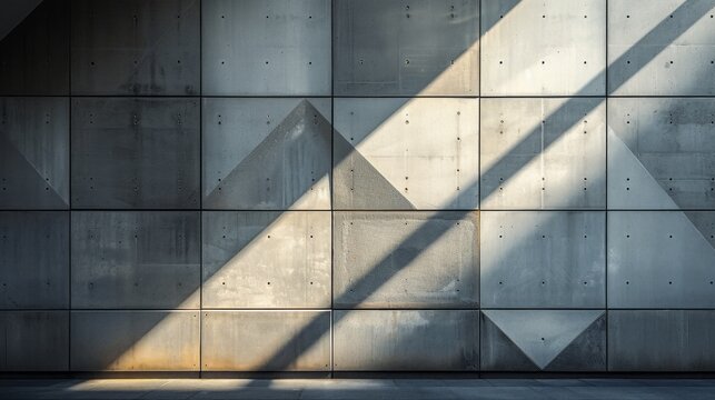 Geometric patterns of light and shadow on a concrete fasade, accentuating architectural details.