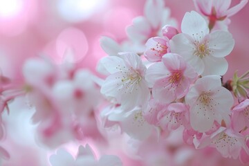 Delicate cherry blossoms in soft pinks and whites, dancing in a dreamlike spring breeze.