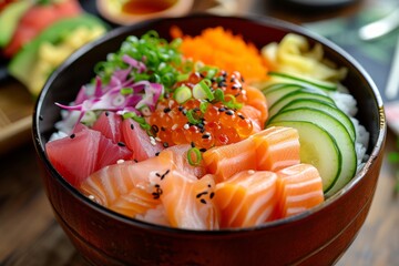 Chirashi Bowl: A colorful bowl of vinegared rice topped with a variety of sashimi, vegetables, and garnishes. - Powered by Adobe