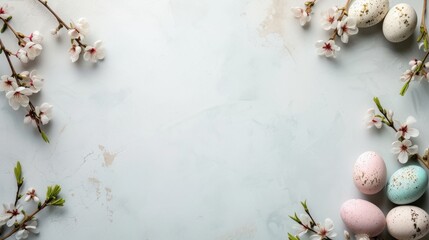 Pastel Easter Fantasy: Decorated Eggs and Soft Florals on a Dreamy Blue Canvas with Open Copy Space for Text