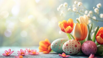 Easter Elegance: Ornate Eggs and Vibrant Tulips Bathed in Soft Spring Light