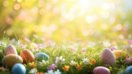Luminous Easter Morning: Decorative Eggs and Spring Flowers on a Glowing Green Field With Open Copy Space for Text
