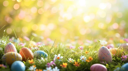 Keuken spatwand met foto Luminous Easter Morning: Decorative Eggs and Spring Flowers on a Glowing Green Field With Open Copy Space for Text © Stefan