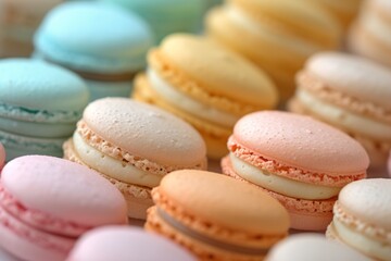 Obraz premium Delicate French macarons in a rainbow of pastel colors, offering a symphony of flavors with each bite.