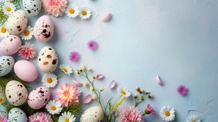 Fototapeta na wymiar Easter Celebration: Decorated Eggs Nestled Amongst Spring Flowers on Soft Blue Backdrop With Open Copy Space for Text 