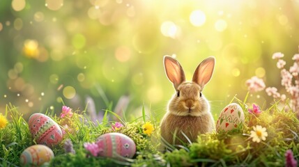 Fototapeta na wymiar Idyllic Easter Scene: A Bunny With Decorated Eggs in a Sun-Kissed Floral Landscape