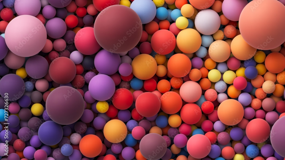 Poster colorful matte soft balls in purple orange red tones and different sizes. background with many color