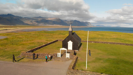 Aerial view of Budir church in Iceland