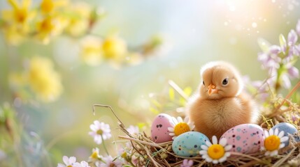 Charming Easter Delight: A Fluffy Chick Amidst Colorful Eggs and Spring Blossoms