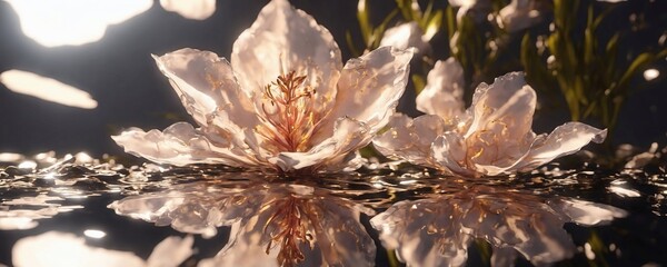 there are two white flowers that are sitting in the water