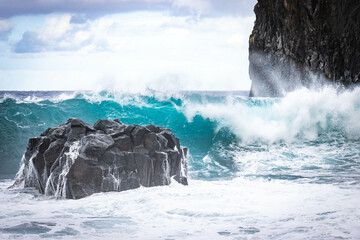 ribeira da janela, madeira, big waves crashing at the shore, surf, tube, breaking, island,...