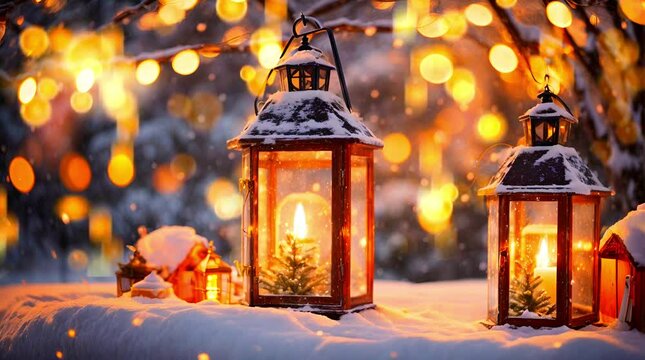 video of glowing christmas candlelight lantern decoration on snowy winter street with snow flakes falling during winter time on christmas eve (contains AI generated images) See Less
