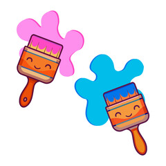 Paint brushes with blue and pink color splashes. Cute cartoon character.
