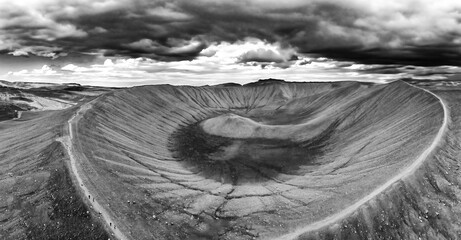 Myvatn, Iceland. Aerial view of large Hverfjall volcano crater, Tephra cone or Tuff ring volcano on...