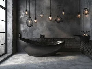 Foto op Plexiglas An elegant black bathtub stands against a white wall in a modern indoor bathroom, accented by a sleek sink and stylish plumbing fixtures, while soft light reflects off the glossy tub and illuminates  © Dejan