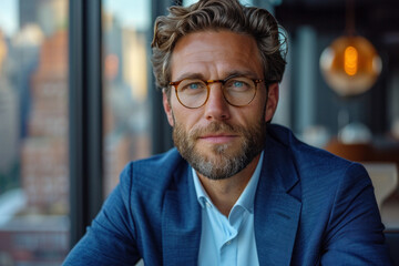 A confident and successful businessman in a corporate office, exuding professionalism and style with a cheerful demeanor.