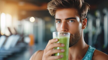 Handsome young man drinking celery smoothie. Blurred gym background from behind.