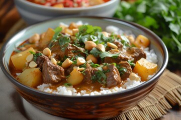 Massaman Curry: A rich, nutty curry with tender beef, potatoes, and peanuts, simmered to perfection.