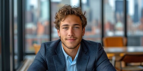 Obraz premium Happy and confident young businessman in a blue suit, exuding success.