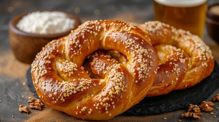 Iconic soft pretzels served with a cold, foamy beer, a popular German snack.