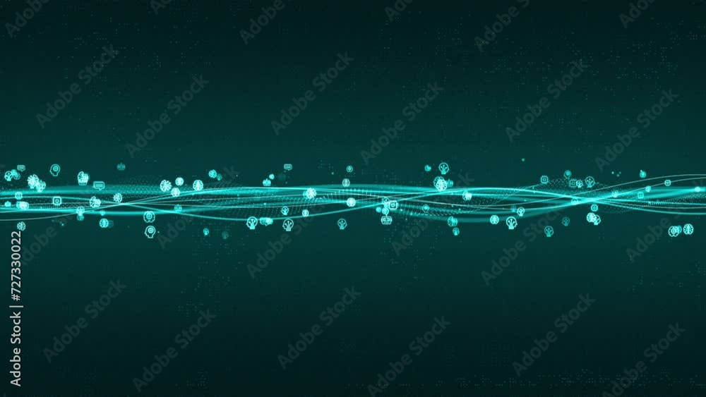 Poster motion graphic of blue digital ai technology icon and line flowing on futuristic abstract background