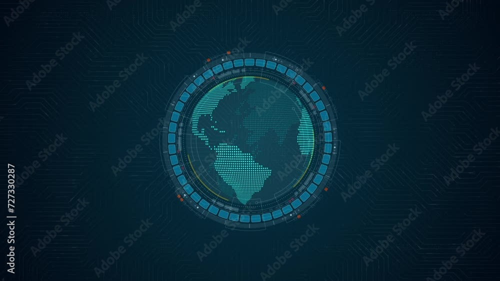 Poster motion graphic of blue digital planet earth sphere and circle futuristic hud elements technology con
