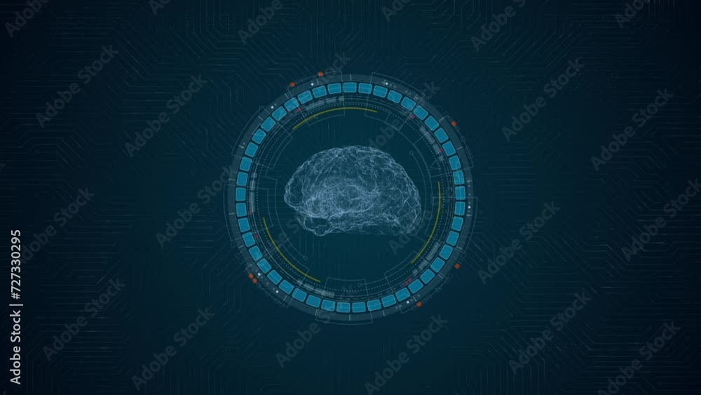 Poster motion graphic of blue digital robot brain logo and circle futuristic hud elements with ai chatbot a