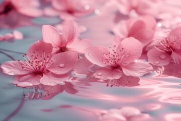 Creative arrangement of pink flower petals on water surface. Water drops. Wellness and well-being concept