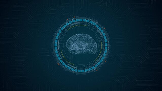 Motion graphic of Blue digital robot brain logo and circle futuristic HUD elements with Ai chatbot and machine learning technology and ai assistance concepts on circuit board abstract background