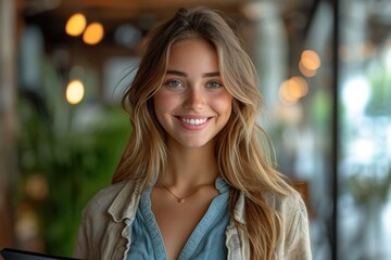 Obraz premium A happy young woman, a portrait of beauty and confidence outdoors, radiating positivity and style.