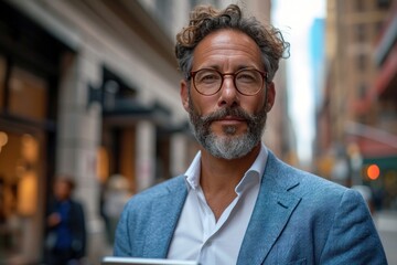 Fototapeta premium Confident mature businessman in a stylish suit, outdoors in the city, exuding success and happiness.