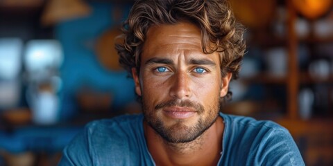 Portrait of an attractive and confident young man with a beard, showcasing a cheerful and stylish demeanor.
