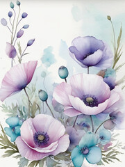Background with watercolor poppy flowers. AI