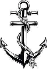 Vintage sea anchor with rope monochrome  in engraving style vector illustration isolated on white background. tattoo design.