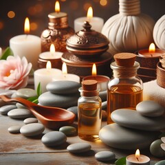 Fototapeta na wymiar Spa therapy products on wood surface with massage rocks, aromatic oils, and sea salts for beauty care. Spa still life with aroma oil, candles and stones on wooden background