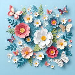 Paper flowers and butterflies on blue background. Paper art style. Paper flowers on pastel background. Spring flowers flat lay background. Top view