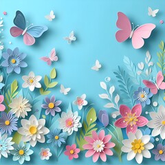 Fototapeta na wymiar Paper flowers and butterflies on blue background. Paper art style. Paper flowers on pastel background. Spring flowers flat lay background. Top view