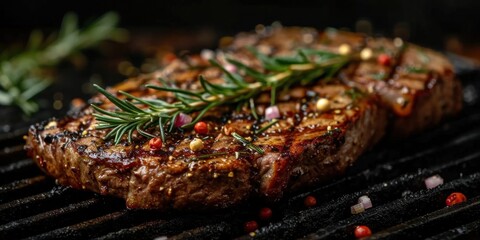 Grilled goodness: A succulent beef steak with rosemary, seasoned to perfection on a wooden board.