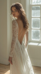 Fototapeta premium Beautiful sexy lady in elegant white wedding dress posing in studio. Portrait of fashion model girl indoors